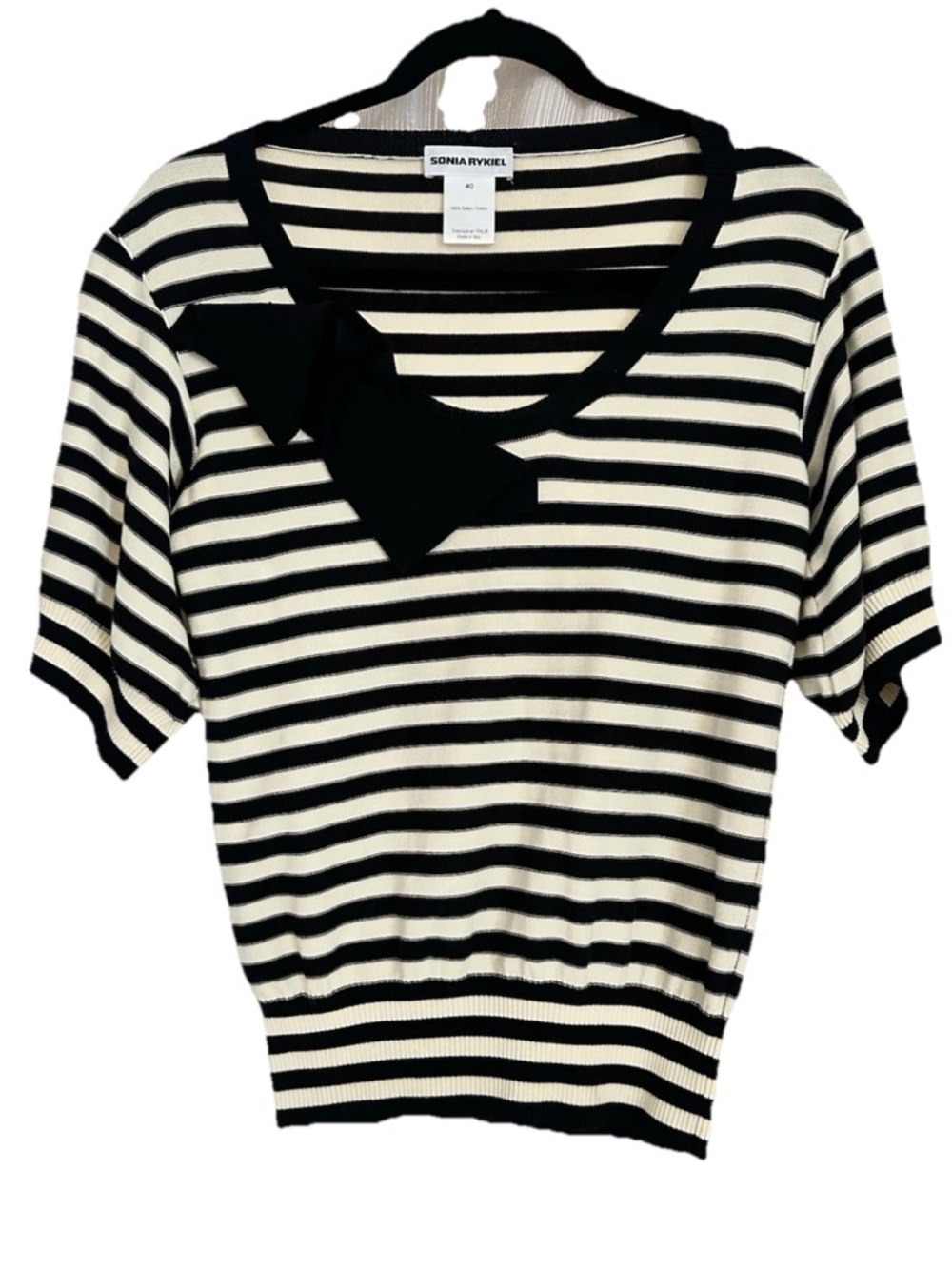 Sonia Rykiel Black and cream Striped Short Sleeve Top with Bow